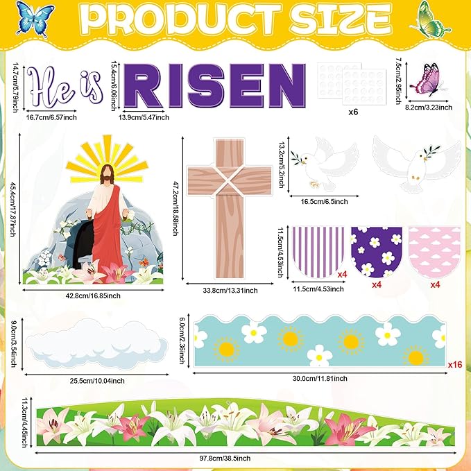 Easter Bulletin Board Decorations He is Risen Bulletin Board for Church Christian Jesus Classroom Decoration Spring Risen Cross Cutouts for Religious Sunday School Class Church Chalkboard Wall Decor