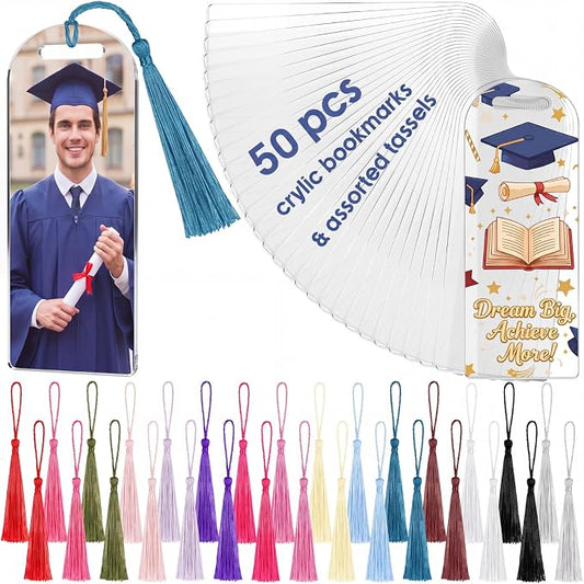 Fumete 50 Pcs Sublimation Blank Bookmark Heat Transfer Acrylic DIY Bookmark with Hole and Colorful Tassels for Graduation Crafts Birthday Sublimation Blank Keychains, Single Sided Printing