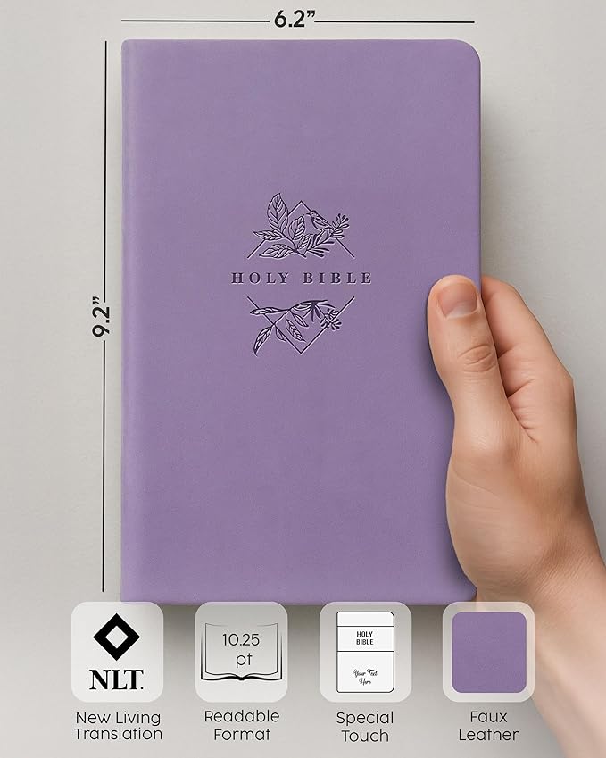 Personalized NLT Bible with Engraved Name, Lavender Large Print Premium Value Thinline, Faux Leather, New Living Translation