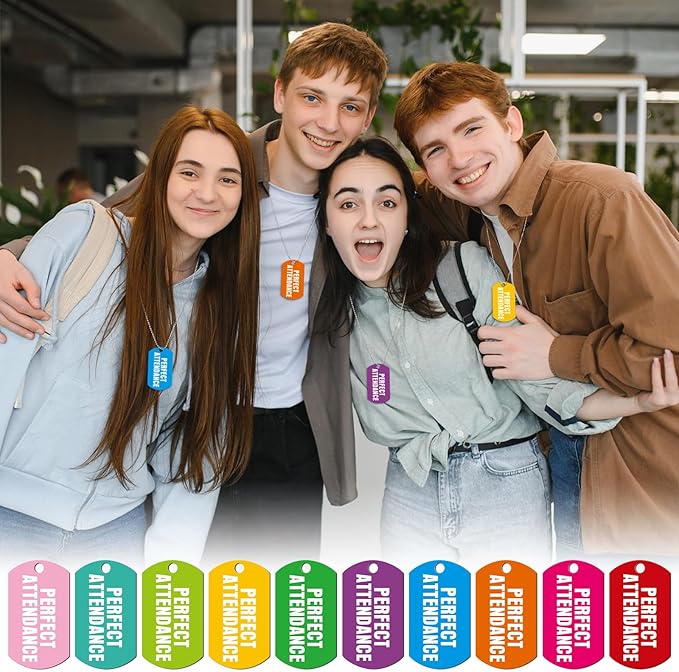 30 Sets Perfect Attendance Dog Tag Necklaces with Chains Student Incentives Acrylic Award Bulk Recognition Tag Education Rewards Prizes for School Classroom Teacher Supplies
