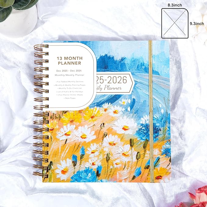 CAGIE 2026 Planner Weekly and Monthly 13 Month Hardcover Planner for Women with Pockets, Large Calendar with Stickers Tabs, Dec 2025–Dec 2026, 8.3" x 9.3", Daisy