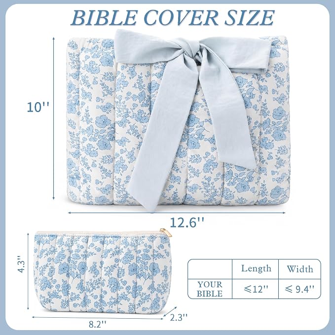 XKDOUS Quilted Cotton Bible Case for Girls and Women, Machine Washable Bible Book Cover with Large Capacity Pen Bag, Soft Cute Bible Carrying Bag with Bow Fits Most Standard Bibles, Blue Blossom