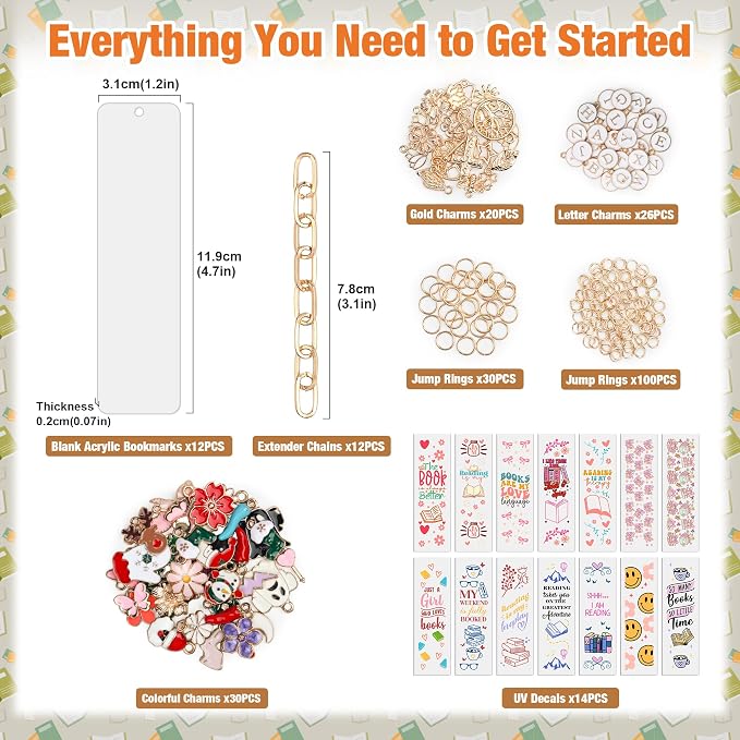 244 Pcs Bow Acrylic Bookmark Blanks(2mm) Thicken 15 DIY Bookmark Making 17 Bow UV DTF Sticker 76 Charms 15 Extender Chains and 130 Jump Ring Suitable for DIY Crafts Gifts