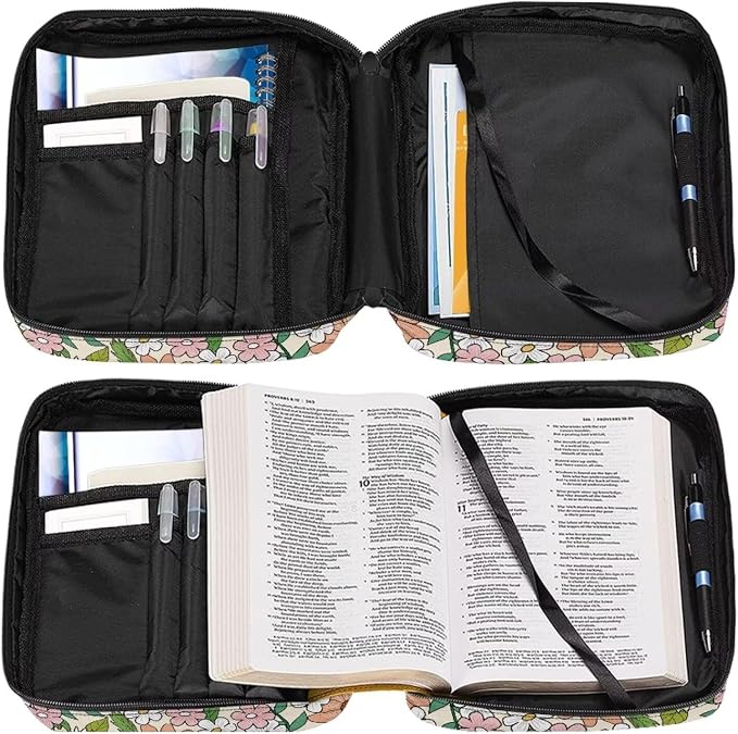 Coldinair Flower Bible Cover for Women Daisy Floral Book Case Tote Bags Hippie Floral Polyester Church Bible Protective with Handle and Zippered Pocket Carrying Book Case