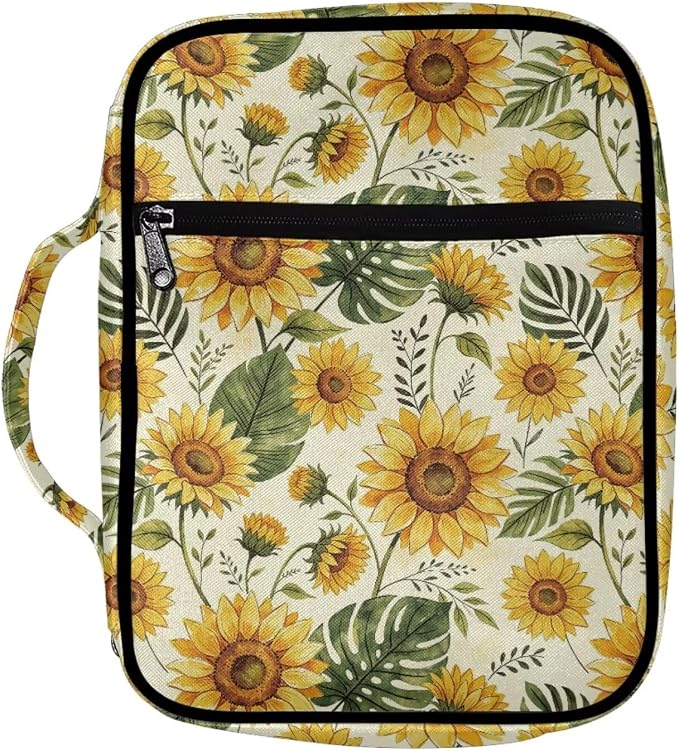 Coldinair Sunflower Palm Leaf Bible Covers Bag for Women,Cute Carrying Book Case Church Bag Bible Holder with Handle and Zippered Pocket