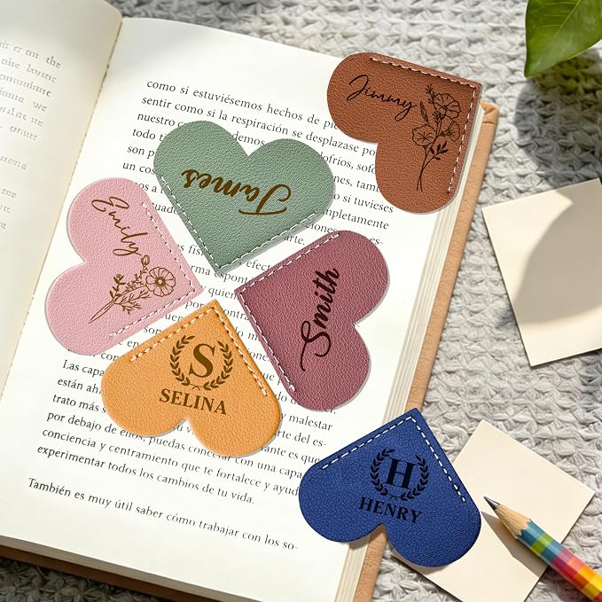 EDSG Personalized Leather Heart Bookmark, Cute Corner Bookmarks for Women, Men, Custom Birth Flower Book Marks with Name, Birthday Christmas Gifts for Book Lovers, Teachers, Students (Brown-Heart)
