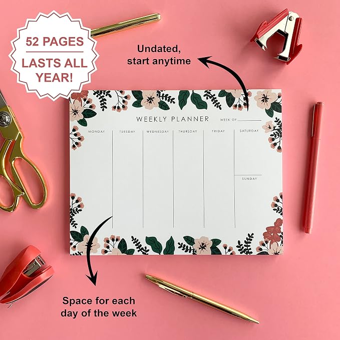 Weekly Planner Notepad - 9x7” inches, 52 tear off sheets - Undated Desk Planner Pad Calendar Notepad Organizer for Weekly To Do List, Notes and Schedule (Floral)
