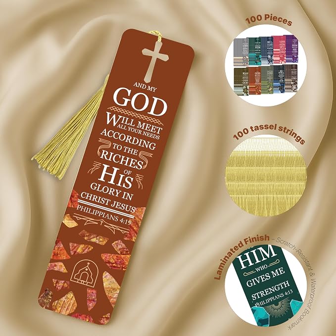 100 Pieces Paper Bible Verse Bookmarks with Tassels and Storage Box – Christian Religious Bookmarks Bulk with Scripture Quotes for Church, Reading Lover, Men, Women, Kids, Inspirational Faith Gifts