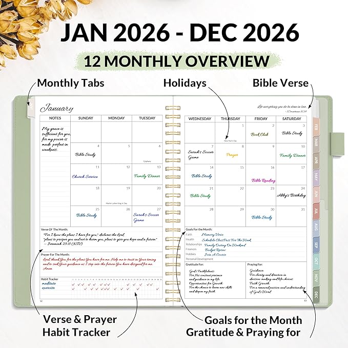 2026 Christian Planner - 12 Month Bible Journal and Prayer Planner A5 Spiral Bound, Monthly & Weekly Christian Organizer Gifts for Women Men (Grey Green)