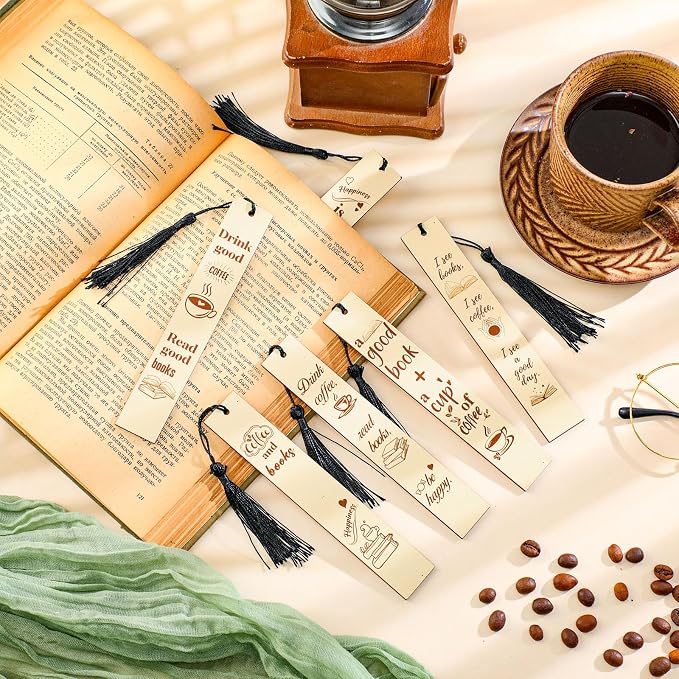 Colarr 12 Pcs Wood Bookmarks for Woman Book Club Gift for Book Worms Books Lovers Bookmarks Bulk with Tassels for Reading Party Favors Books Exchange Club Men & Women Friends(Coffee)
