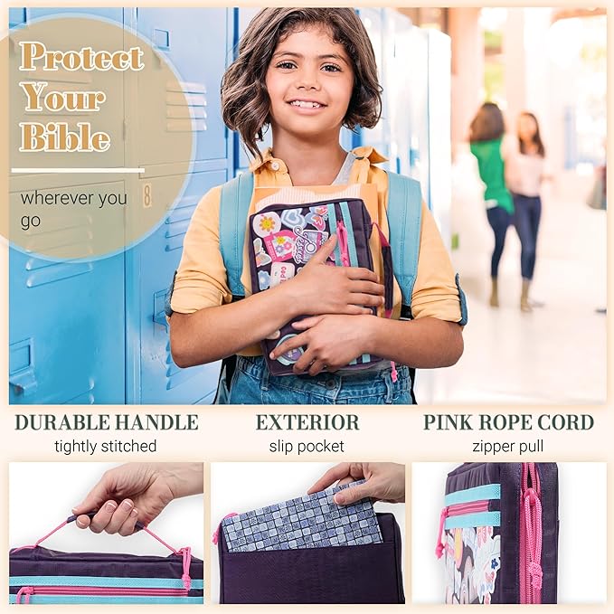 Christian Art Gifts Sturdy Polyester Fashion Bible Cover for Girls: I Am Strong Inspirational Scripture, Multicolor Stickered Design, Secure Zipper Pocket, Flowers & Rainbows, Purple & Pink, Medium