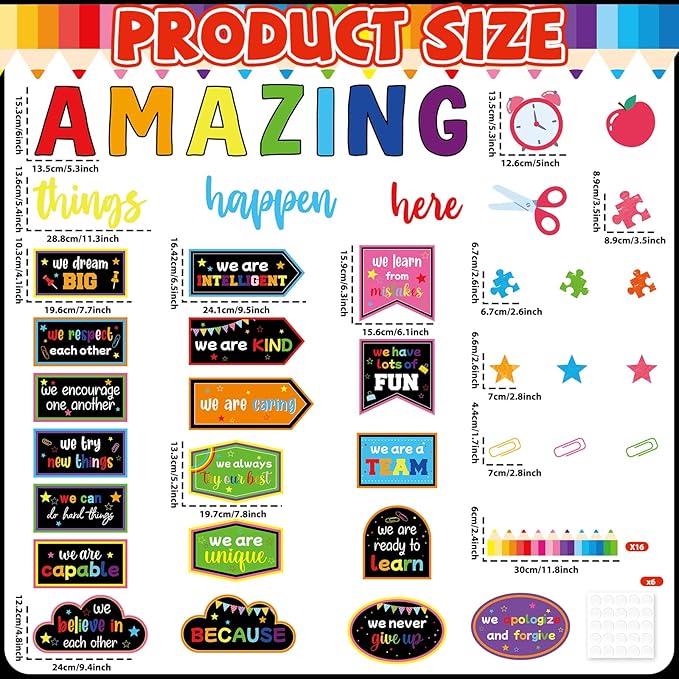 gisgfim Welcome Back to School Bulletin Board Decorations Set Amazing Things Happen Here Classroom Colorful Paper Cutouts Motivational Pencil Bulletin Board Borders Decor for Nursery Chalkboard Wall