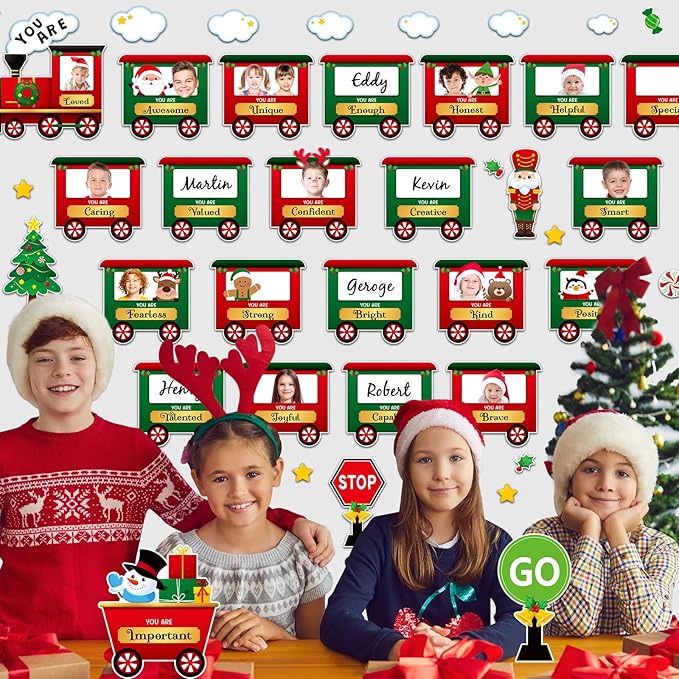 42 Pcs Christmas Train Affirmation Station Bulletin Board Decoration Train Motivational Growth Mindset Cutouts Inspirational Classroom DIY Craft Photo for School Office Party Supplies