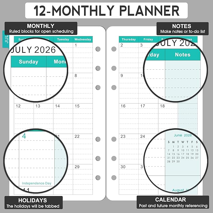 2026-2027 Planner Refills - Planner Refills 2026-2027 from JULY 2026 - JUNE 2027, Weekly and Monthly Calendar 26-27, 3.75 x 6.75 inch, 6 Holes, A6 Size - Red