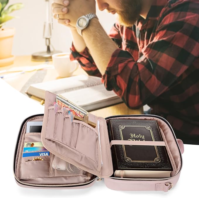 Teamoy Large Bible Cover, Women Bible Carrying Case Church Bag with Straps and Pens Holder, Bible Study Religious Supplies Tote Bag, Pink Quilted