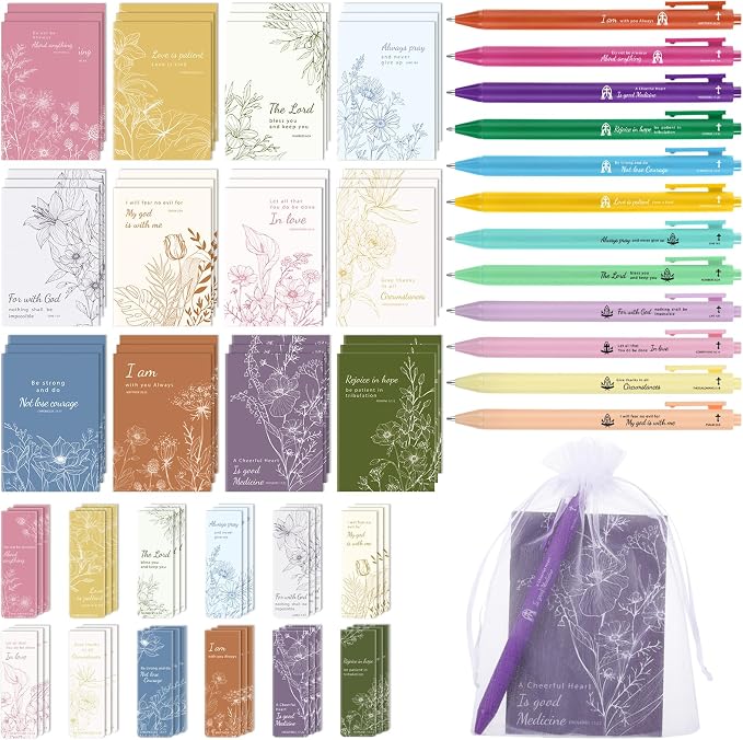 WSICSE 144 Pcs Christian Bible Gifts Set Bulk, Colorful Floral Notebooks Inspirational Bookmarks Quote Pens Organza Bags for Inspirational Gifts for Office School Church Supplies