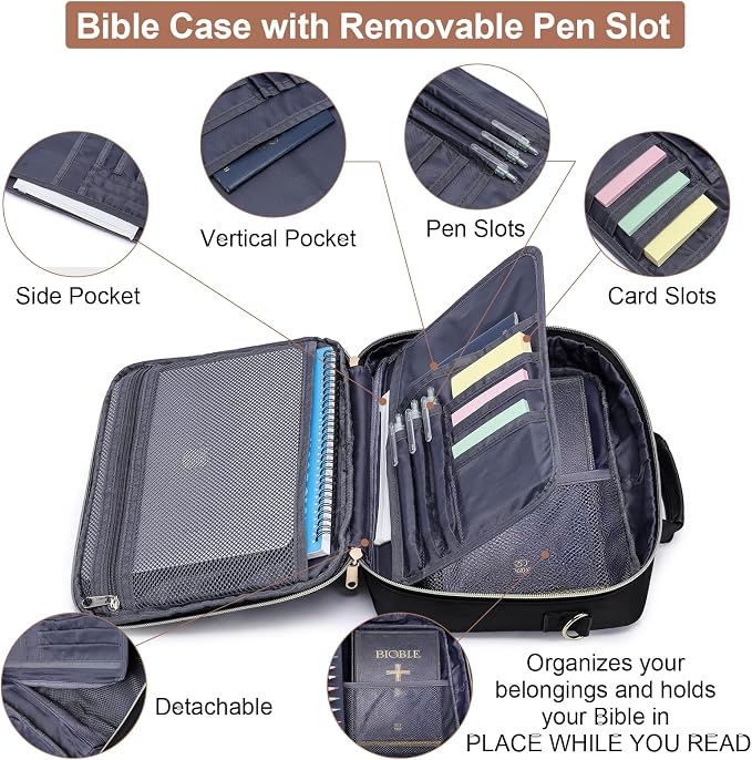 Bible Cover Case for Women, Large Bible Bag with Shoulder Strap,Quilted Bible Carrying Case with Handle, Bible Study Supplies & Christian Gift for Women, Black