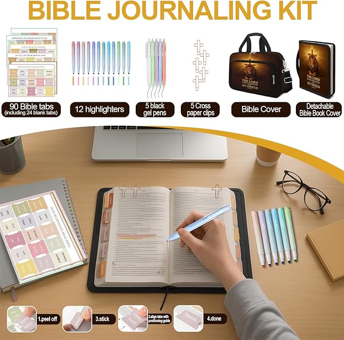 Lion Cross Bible Cover Case for Mens, Large Bible Carrying Book Case Church Bag with Strap & Handle Zipper Pocket, Bible Study Supplies Journaling Kit, Highlighters Tabs Pens Cross Clips