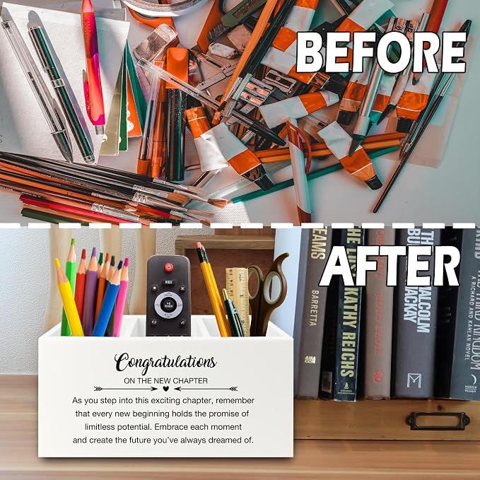 Congratulations Gift Pen Pencil Holder Organizer for Desk, Graduation Gifts, New Job Gifts, Congratulations on the New Chapter Wooden Box Sign for Home Office Desk Tabletop Decorations