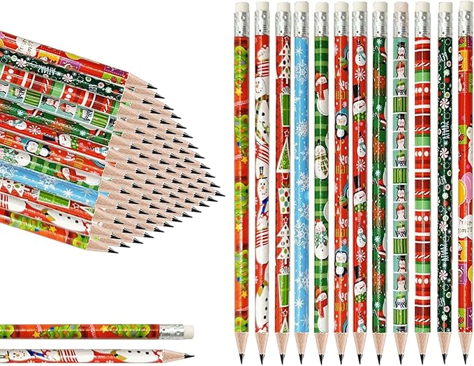 48Pcs Christmas Pencils for Kids, Christmas Wooden Holiday Pencils with Erasers, Santa, Snowman, Reindeer Designs for Classroom Party Favors, Stocking Stuffers, Xmas Gift Supplies, School Supplies