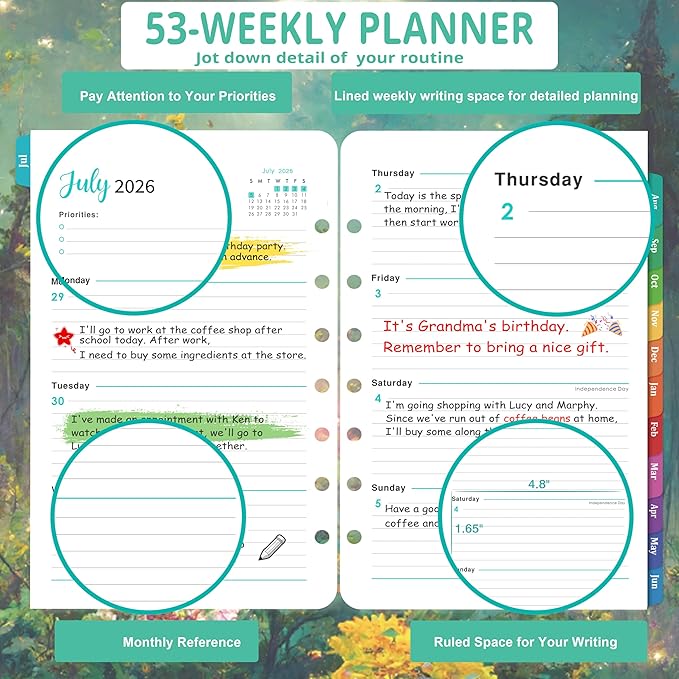 2026-2027 Planner Refills - Planner Refills 2026-2027, JUL 2026 - JUN 2027, 5-1/2" x 8-1/4", A5 Planner Inserts, 26-27 Planner Weekly and Monthly with 7-Hole Punched, Colorful Tabs - Dreaming Moon