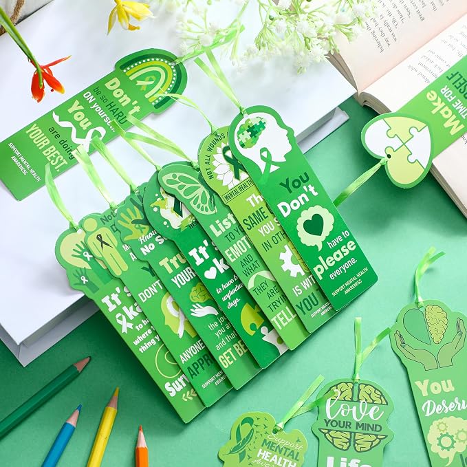 Skyygemm 120 Pcs Mental Health Awareness Bookmarks Green Positive Psychology Affirmation Therapy Inspirational Bookmarks Spiritual Gifts Mental Health Month Event Classroom Stationery Handout Supplies