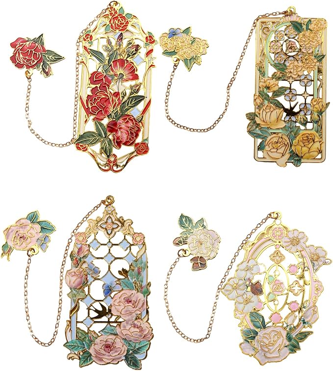 Metal Bookmarks 4 PCS, Pretty Bookmarks for Women, Beautiful Metal Bookmark, Bookmarks for Red, White, Pink and Yellow Roses (BKM-043-003-F4)