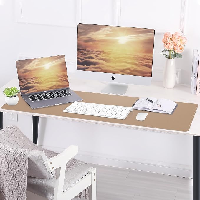 AFIING Cork Desk Mat, Dark Apricot, 35.4" x 17",Desk pad Protector | Dual-Sided Cork & PU Leather, Large Mouse Pad, Non-Slip & Waterproof