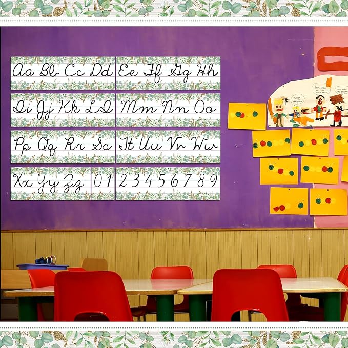 Set of 9 Cursive Writing Bulletin Board Cursive Alphabet Wall Strip for Teacher Supplies, Classroom Teaching Tool, Homeschooling, Kids Education (Eucalyptus)