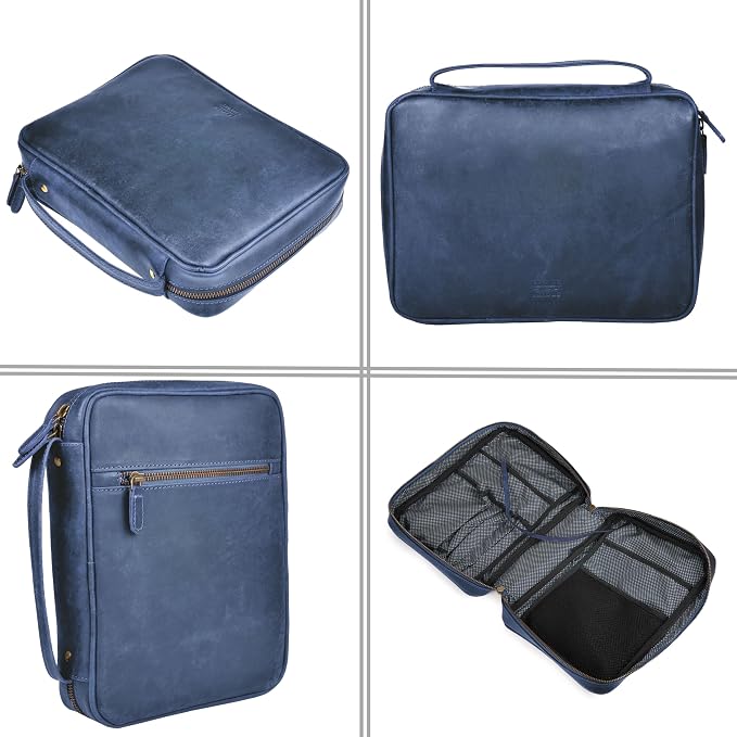 LEATHER VILLAGE Genuine Leather Bible Cover with Zipper for Men & Women - Large Bible Case Carrying Bag Book Cover & Organizer with Handle and Pockets - Leather Bible Covers for Church Study - Blue