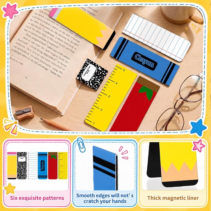 12 Pcs Large Teacher Magnetic Bookmarks 3.9", End of Year Teacher Gifts Back to School Supply Jumbo Magnet Bookmark Pencil Book Marker Page Clip for School Office Home Reading Favor(Classic)