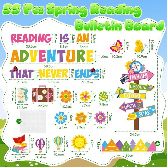 Honoson 55 Pcs Spring Bulletin Boards Reading is an Adventure Bulletin Boards Colorful Floral Cutouts Decors for Apirl Spring Back to School Library Home Chalkboard Wall Decoration (Book)