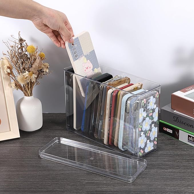 BTSKY Clear Phone Case Organizer Stackable Storage Box with Lid for Cell Phone Cases Multifunctional Phone Case Storage Holder for Desk Accessories Plastic Storage Box for Table, Cupboard, Cabinet
