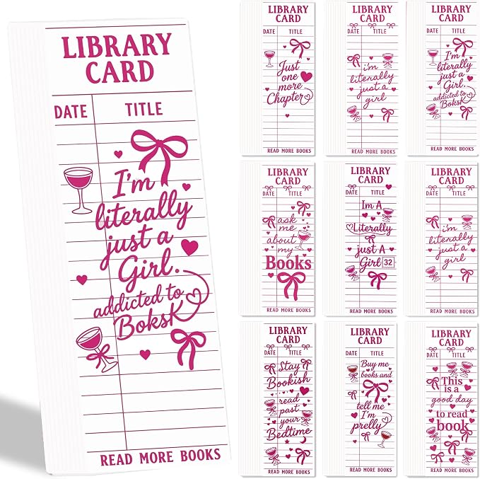 Vintage Library Card Bookmarks Bulk - 100Pcs Pink Retro Reading Quote Book Marks, Matte Thick Paper Book Marks for Reading Women, Book Club Gifts
