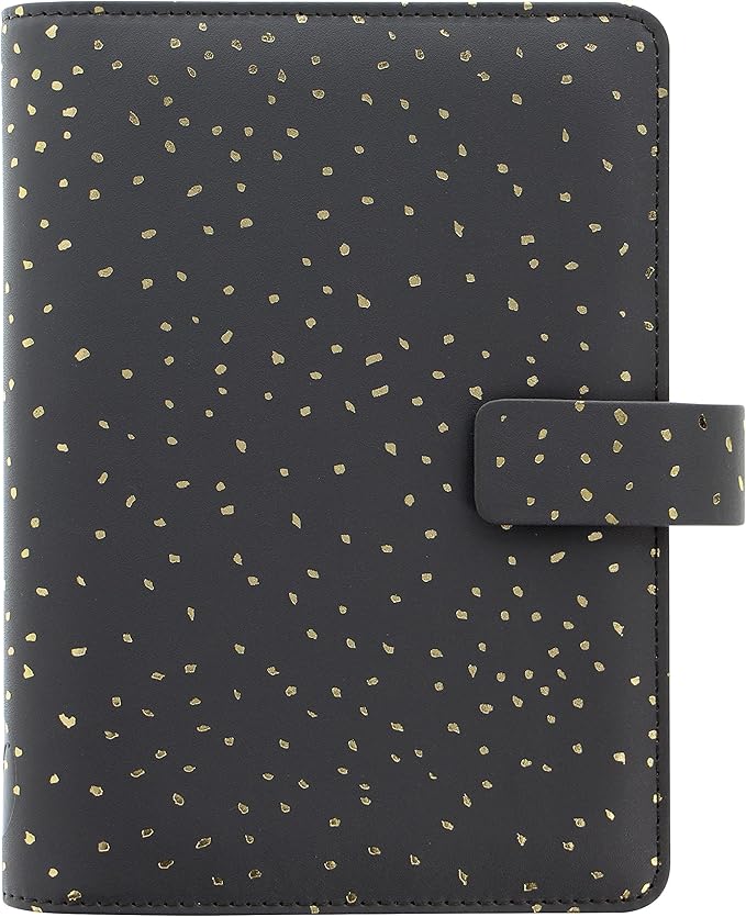 Filofax Confetti Organizer, Personal Size, Charcoal - Leather-Look, Gold Foil Accents, Six Rings, Week-to-View Calendar Diary, Multilingual, 2025 (C028722-25)