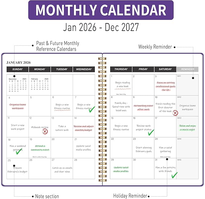 2026-2027 Monthly Planner, Calender Planner from Jan 2026 - Dec 2027, 24 Months for Planning with Habit Tracker, To-Do List, Goals,Summary ,7.5" x 10", Spiral Bindding for Personal Organizer and Office Supplies