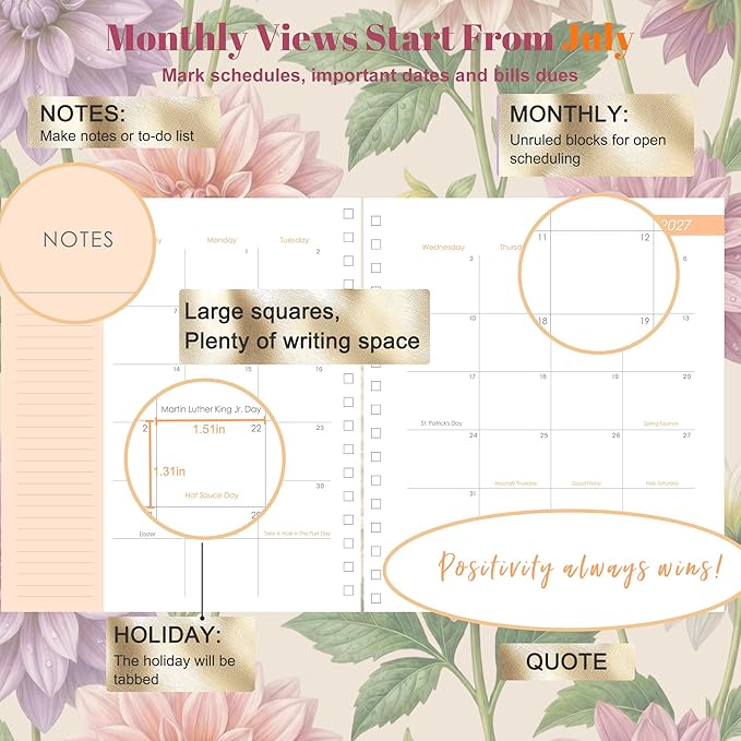 CAGIE 18 Month Planner July 2026 - December 2027, Academic Year Weekly & Monthly Planner with Tabs, 8.3 x 9.3 Floral Hardcover Organizer with 100GSM Thick Paper and Elastic Band for Women School Office