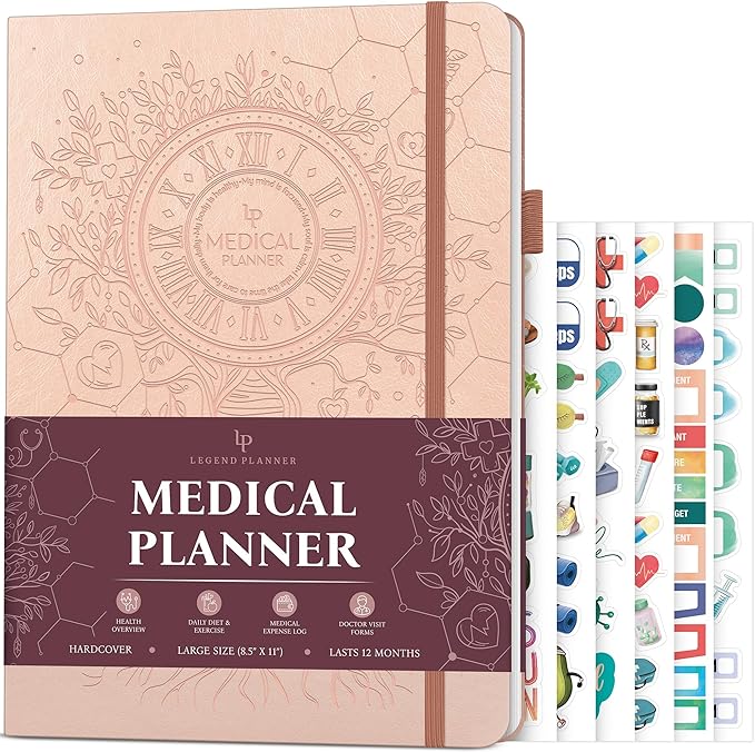 Legend Medical Planner – 12-Month Health Tracker Journal to Track Meals, Symptoms, Blood Pressure, Lab Test Results – Med & Wellness Notebook for Daily Self-Care & Health Goals (Rose Gold)
