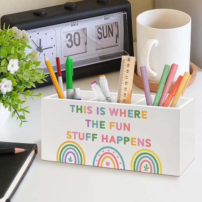 Boho Rainbow Classroom Pen Holder, Kids Pen Pencil Holder Organizer for Desk Accessories, Pastel Playroom Wooden Box Desk Decor for Kids Nursery Room Bedroom Classroom Desk Decorations