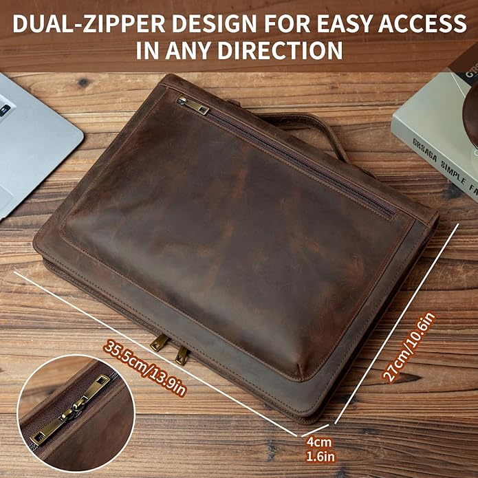 YIWEN Handmade Leather Portfolio with Handle – Zippered Front Pocket, Clip for Letter Size Notepad, Business Travel Padfolio