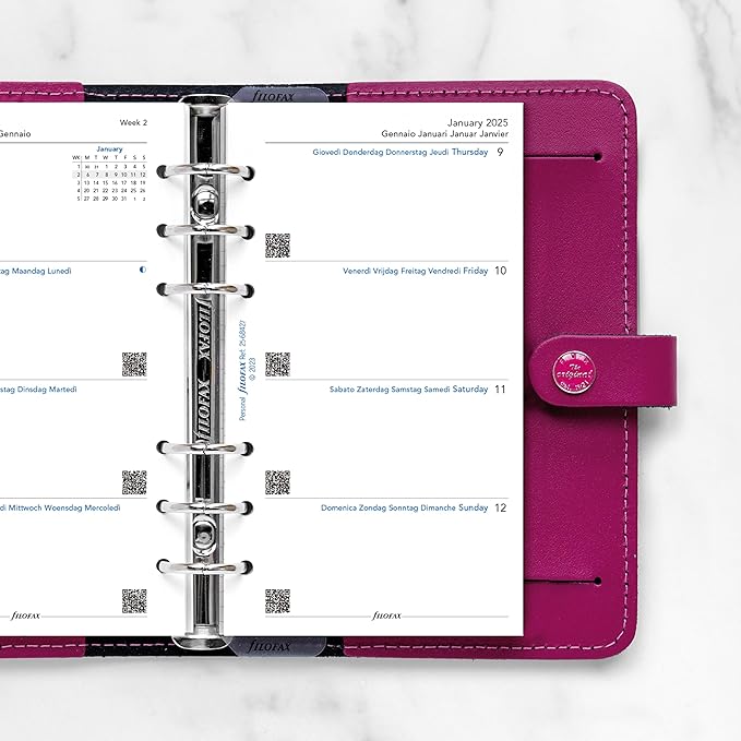 Filofax Calendar Diary Refill, Personal/Compact Size, Week-to-View, White Paper, Unruled, Multilingual: Five Languages, 2025 (C68427-25)