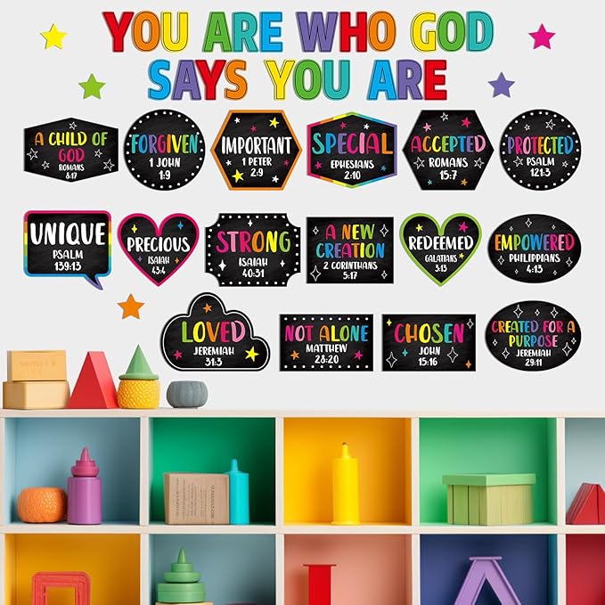 Qyeahkj Christian Bulletin Board Decorations God Says You Are Religious Classroom Wall Decor Colorful Motivational Quote Cutout Inspirational Bulletin Board Sets for Sunday School Home Church Supplies