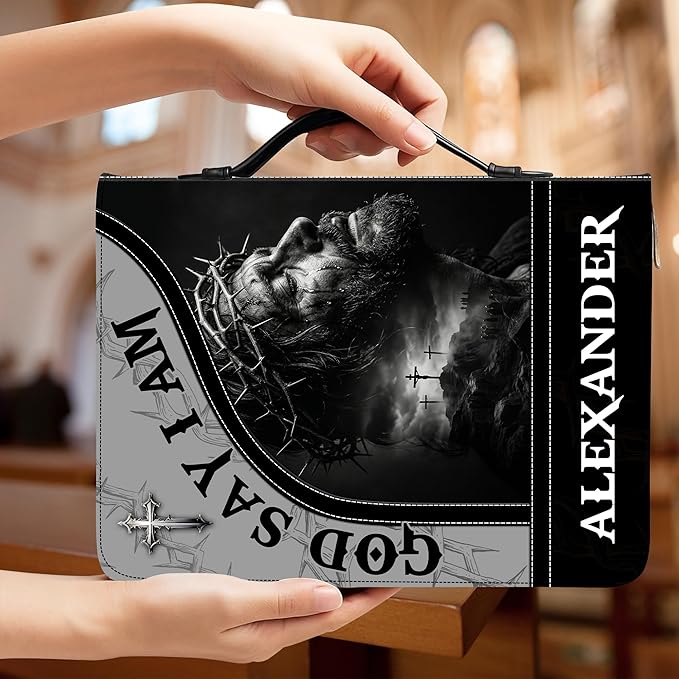 Custom Leather Bible Cover with Name – Personalized Bible Case for Women Zippered with Handle, Bookmark & Storage Pockets, Christian Gift for Mom, Daughter, Grandma (Man - God Says I Am, M-2XL)