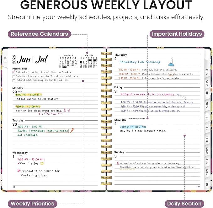 Planner 2026–2027, Academic Year Monthly & Weekly Calendar Book, Jul 2026–Jun 2027, Hardcover Organizer with Tabs, Student & Teacher Planner, 6.3" x 8.5", Wild Bloom