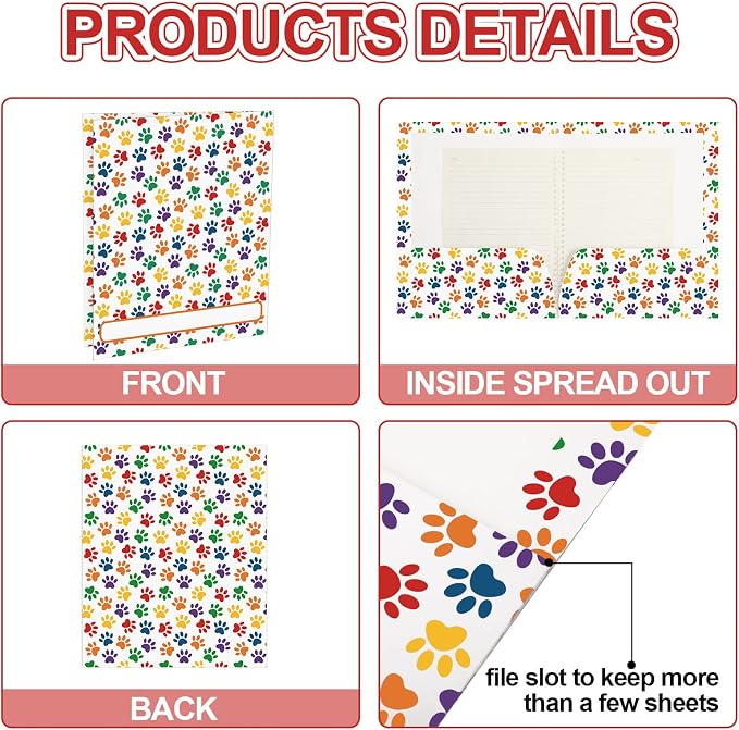 Yexiya 24 Pcs Dog Folders Paw Print Folders with Pocket Multi Colored Puppy for Breeders Paperwork Dog Pocket File for Kids Students Educational and Learning Activities Classroom(White)