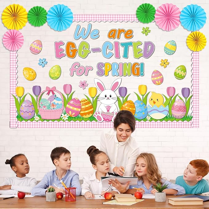Easter Spring Bulletin Board Decorations Set Easter Bunny Egg Classroom Decorations with 3D Paper Fans We are Egg Cited for Spring Floral Peeps Cutouts for School Church Office Chalkboard Wall Decor