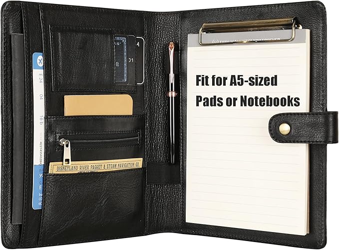 DUKE&COW Small Portfolio Binder with Clipboard - A5 Binder Padfolio for Men - Oil Black - Custom