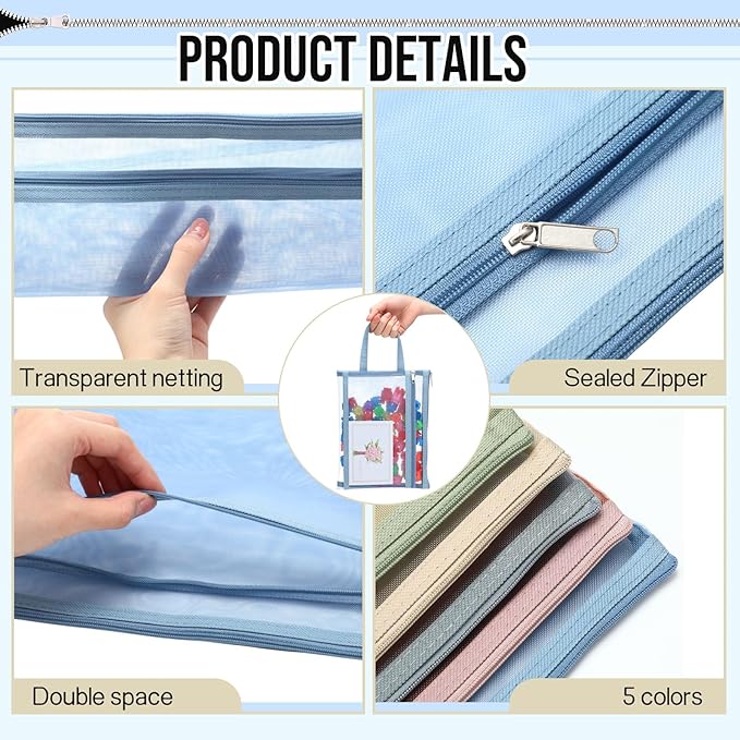 Marspark 20 Pack Mesh Zipper Pouch Bags, Nylon Puzzle Building Block Sets Storage & Organization A5 Plastic Clear Zipper Pouches with Handles for Travel Office Games, 5 Colors