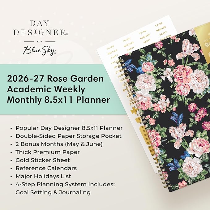 Blue Sky Day Designer 2026-2027 Weekly and Monthly Academic Year Planner Calendar, July 2026 - June 2027, 8.5" x 11", Flexible Cover, Laminated Tabs, Storage Pocket, Includes Stickers, Rose Garden