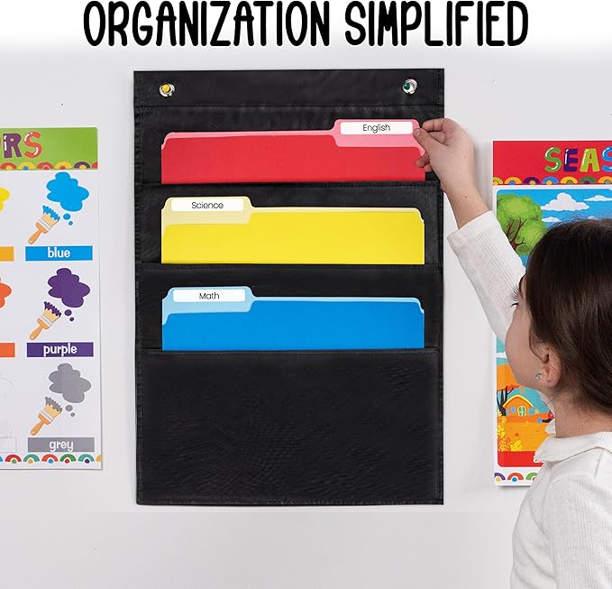 Essex Wares - 3 Pocket File Pocket Chart, Black, 14" Wide x 19.5" Tall - Versatile Wall Hanging File Folder Organizer for Classroom, Office, Home, and More - Wall Folder Organizer - 3 Pockets